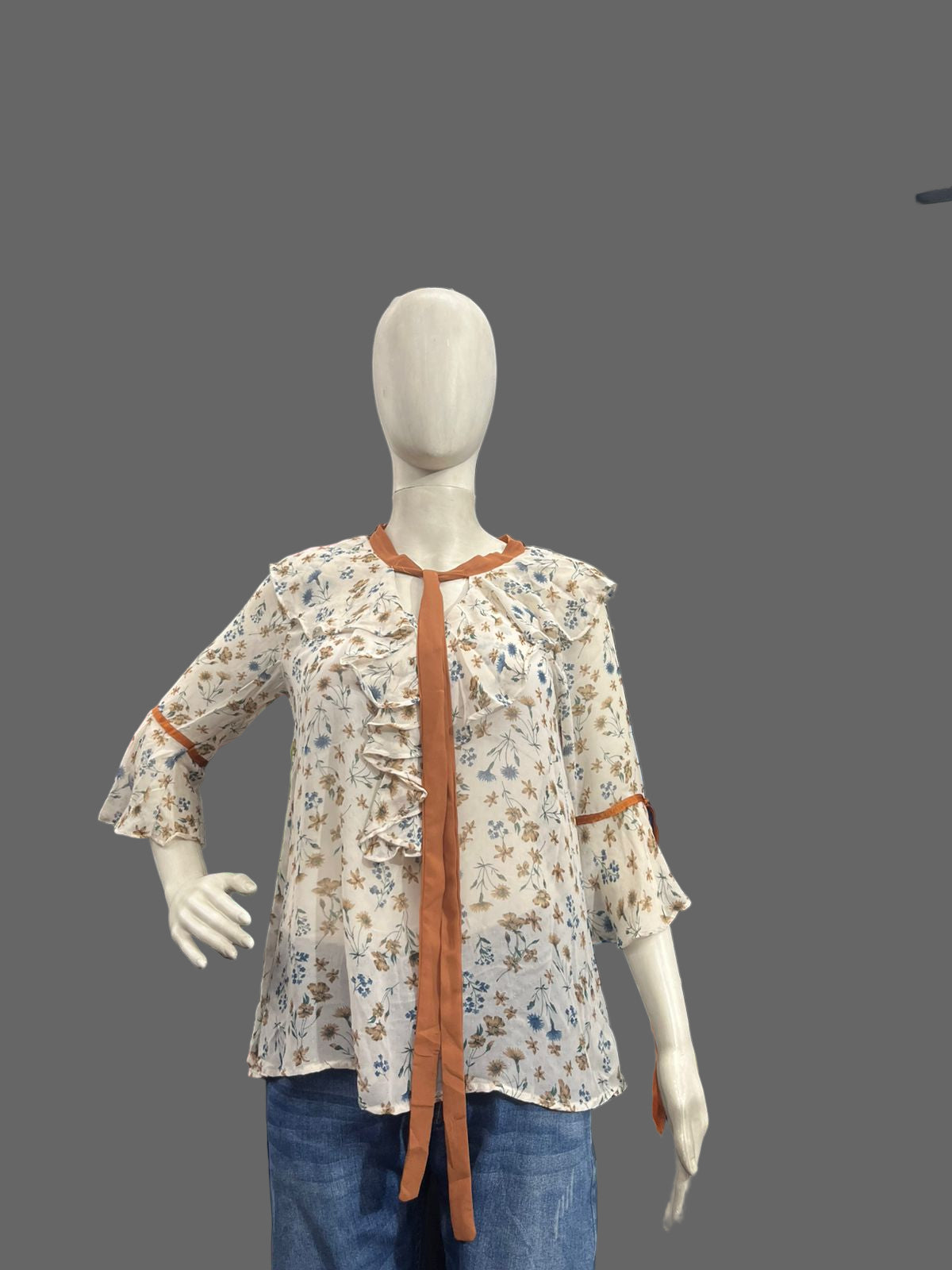 Girls wear Floral Ruffle Tie-Neck Blouse – Elegant & Feminine Everyday Wear