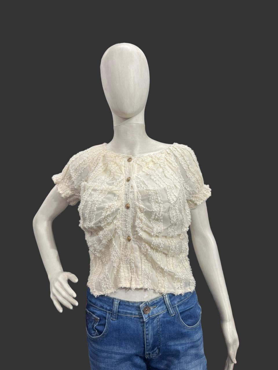 Girls wear Top Cream Textured Short-Sleeve Blouse – Elegant & Versatile Style