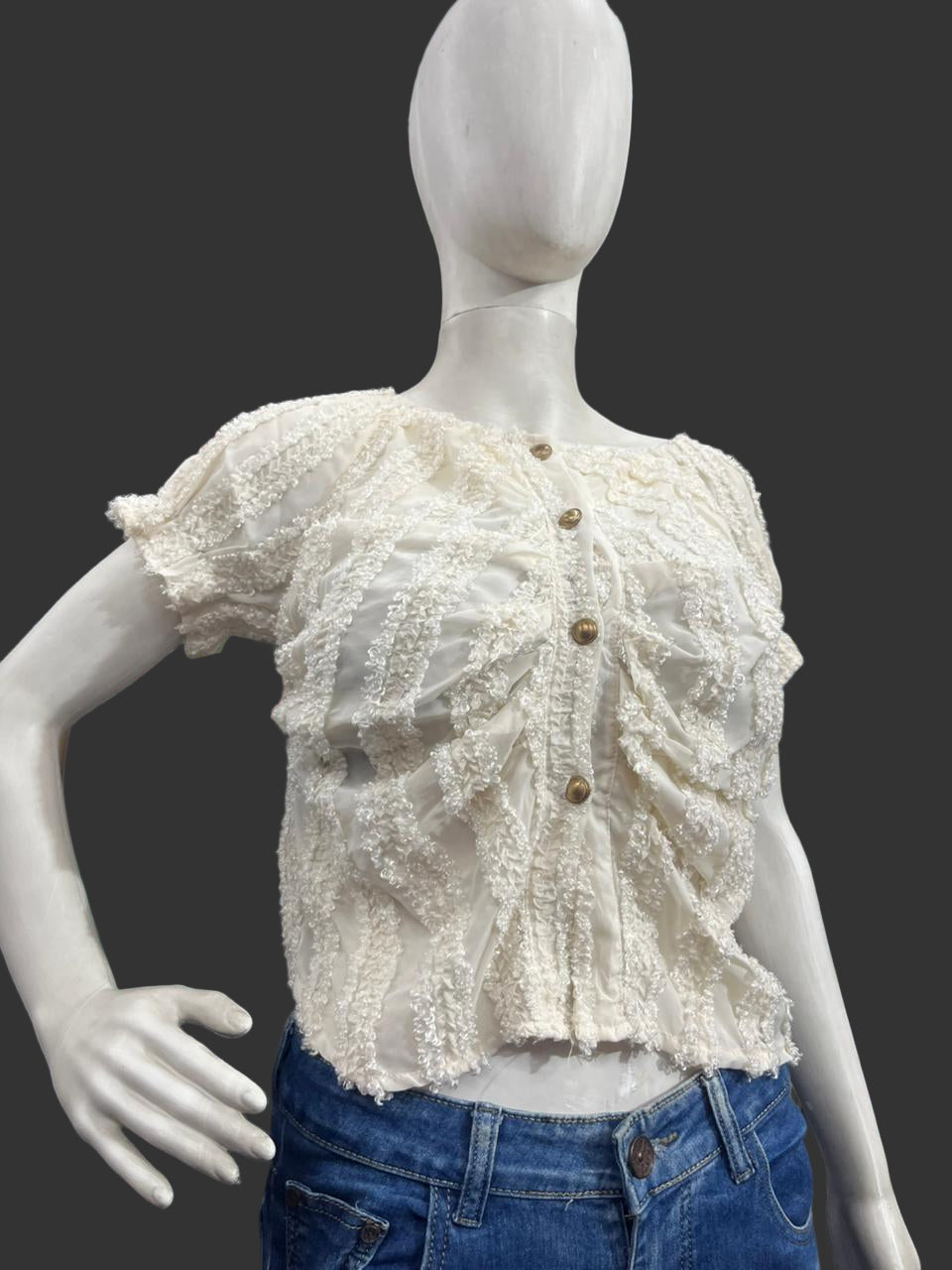 Girls wear Top Cream Textured Short-Sleeve Blouse – Elegant & Versatile Style