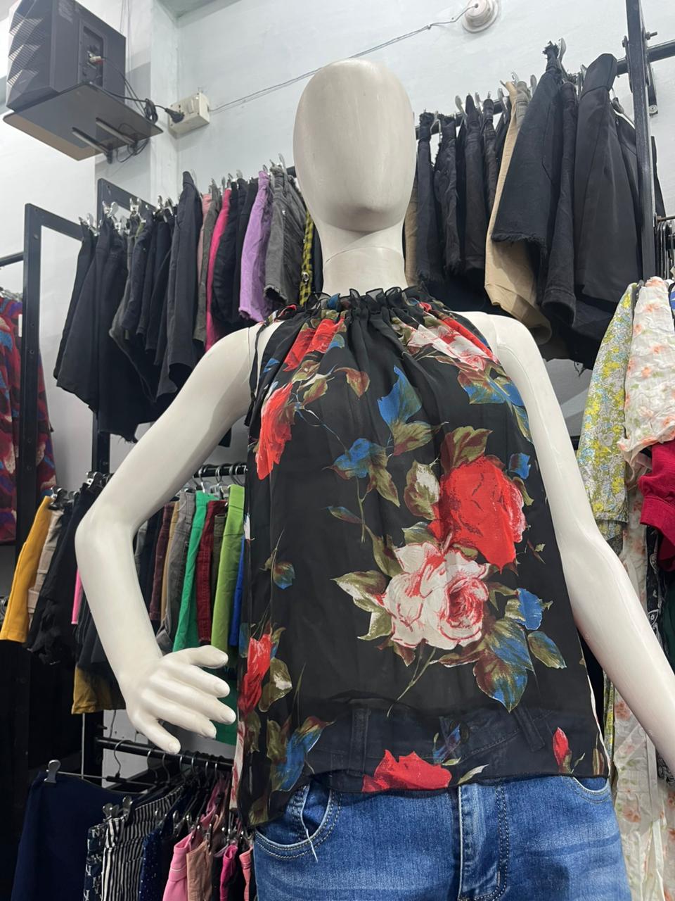 Girls wear Top Black Bold Floral Halter-Neck Top – Modern & Elegant Style