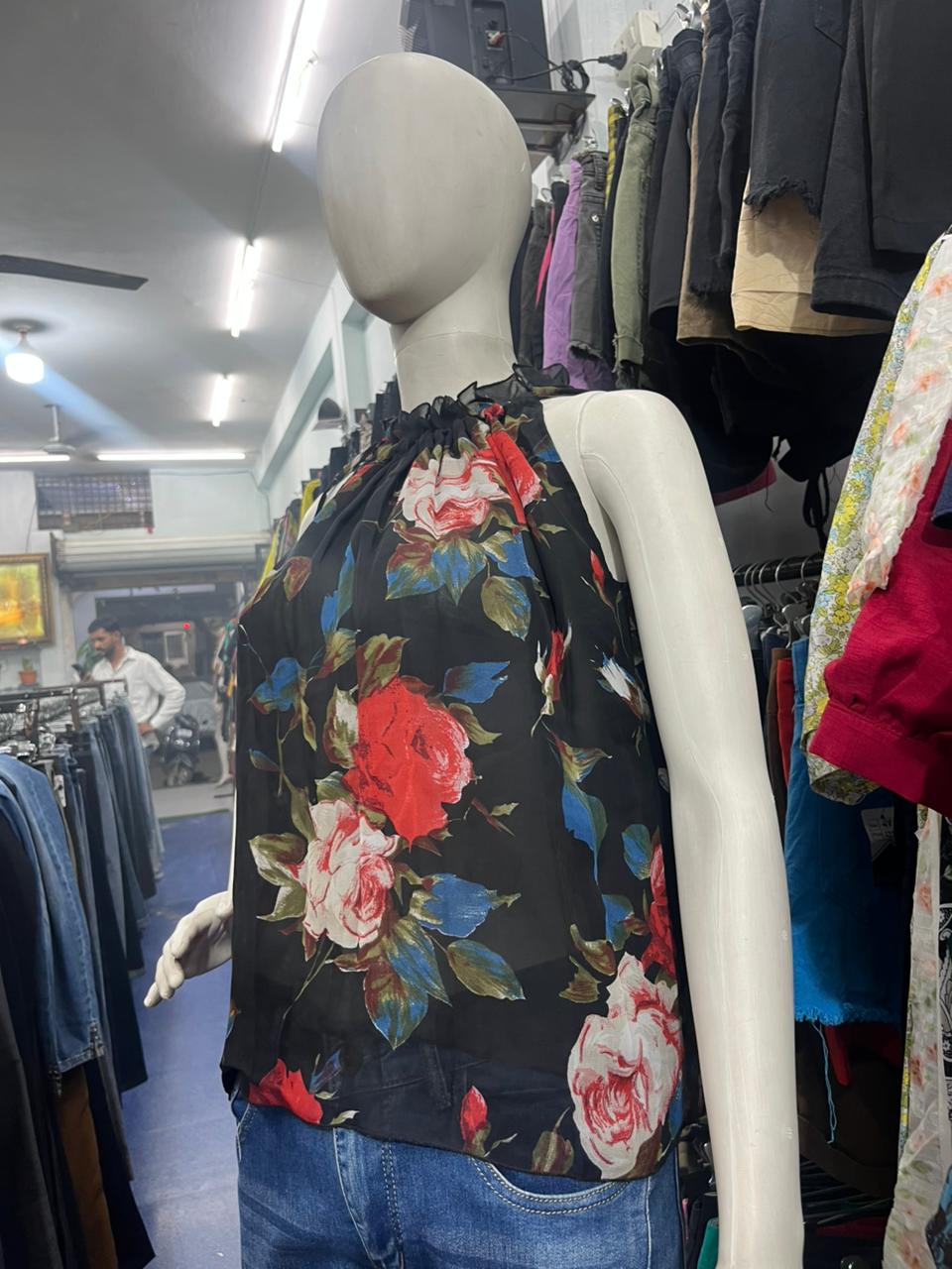 Girls wear Top Black Bold Floral Halter-Neck Top – Modern & Elegant Style