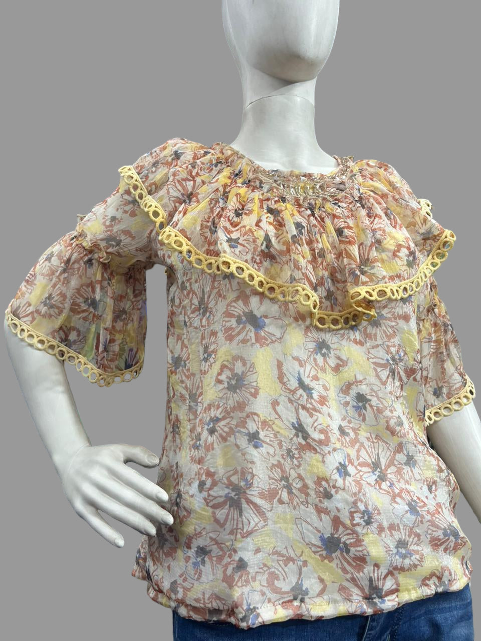 Girls wear Top Floral Ruffle Blouse with Yellow Lace Trim – Chic & Playful Style