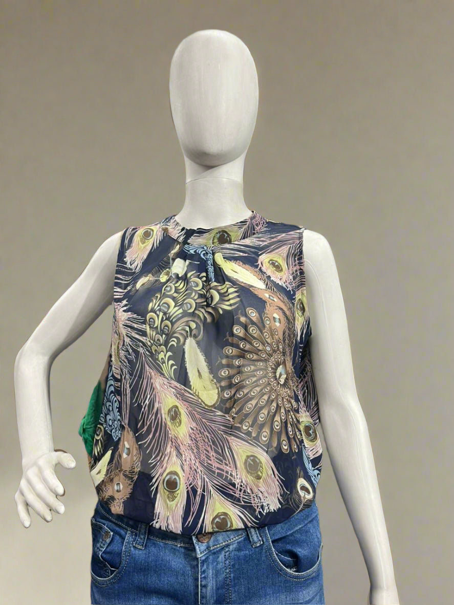 Girls wear TOP Peacock Feather Print Sleeveless Top – Bold & Stylish Casual Wear