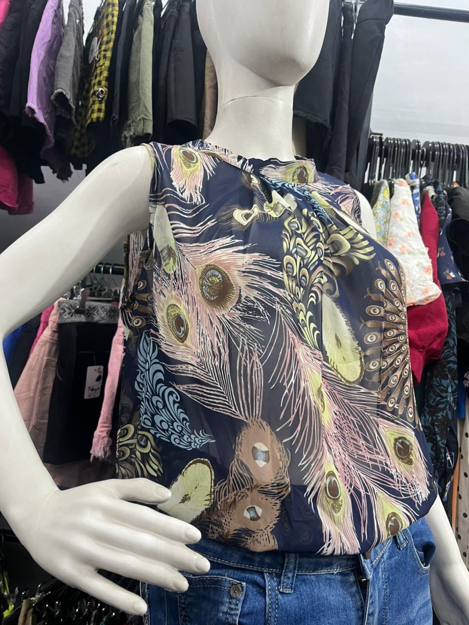 Girls wear TOP Peacock Feather Print Sleeveless Top – Bold & Stylish Casual Wear