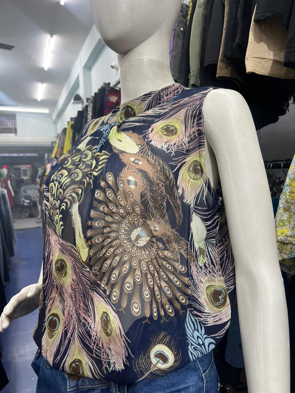 Girls wear TOP Peacock Feather Print Sleeveless Top – Bold & Stylish Casual Wear