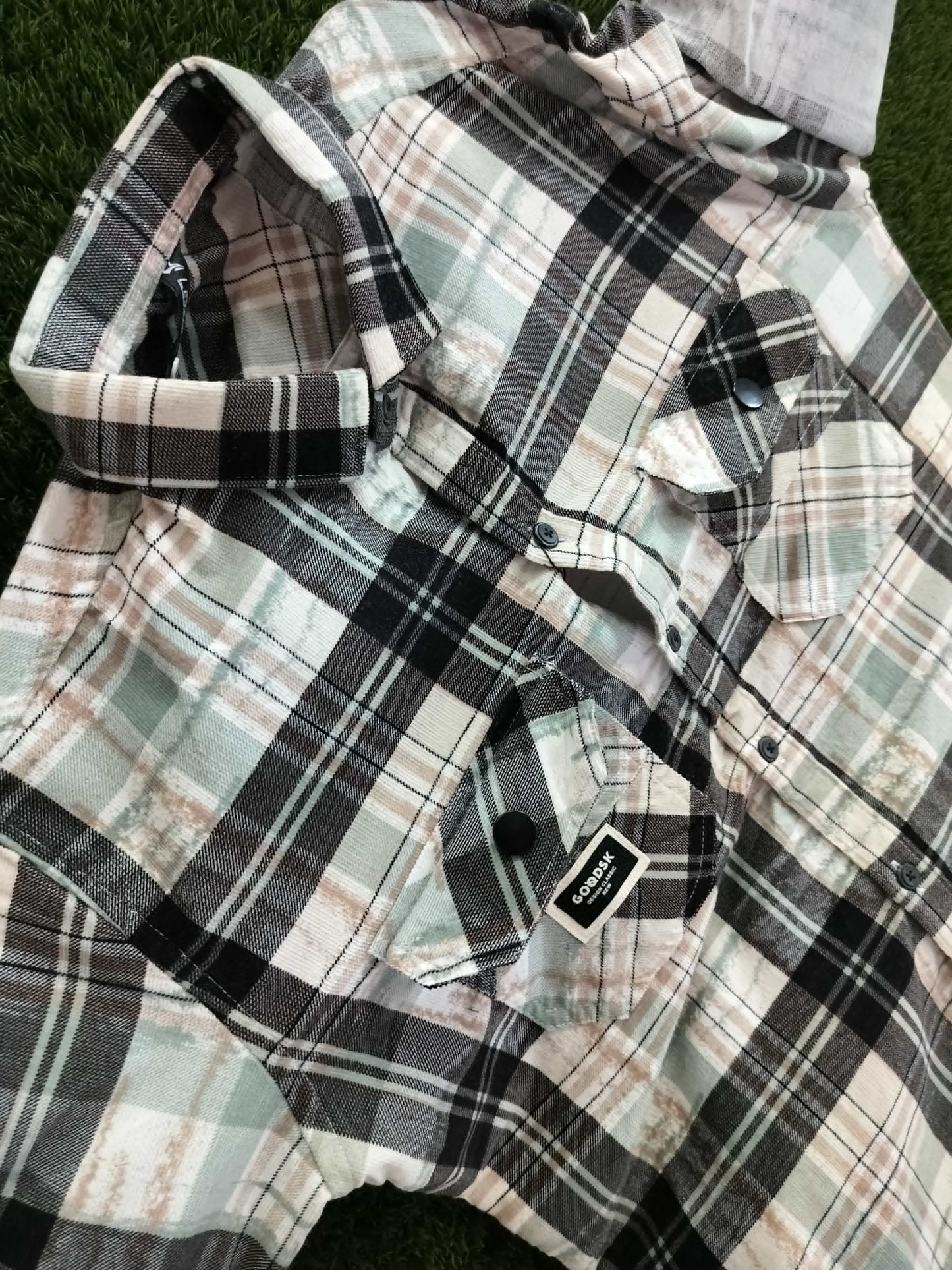 Men’s Checked Cotton Shirt – Black, Beige & Green Plaid Pattern