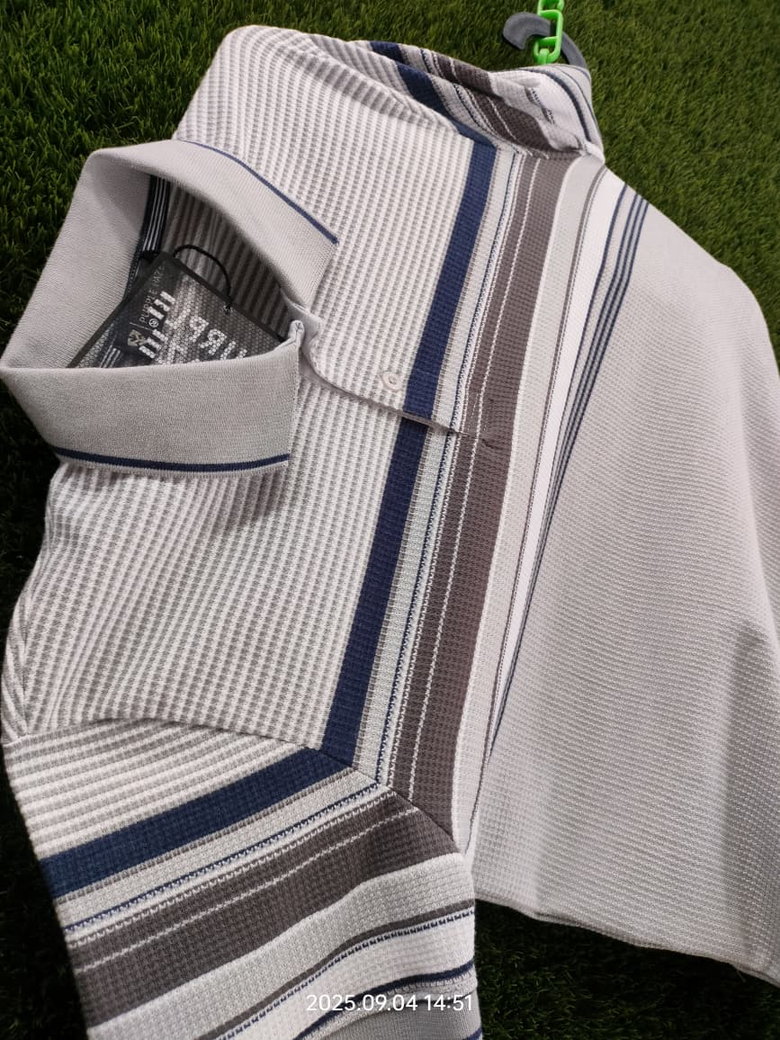 Men’s Casual Striped Polo Shirt – Beige & Navy Contrast