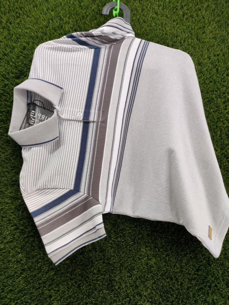 Men’s Grey Striped Polo Shirt – Casual Half Sleeve