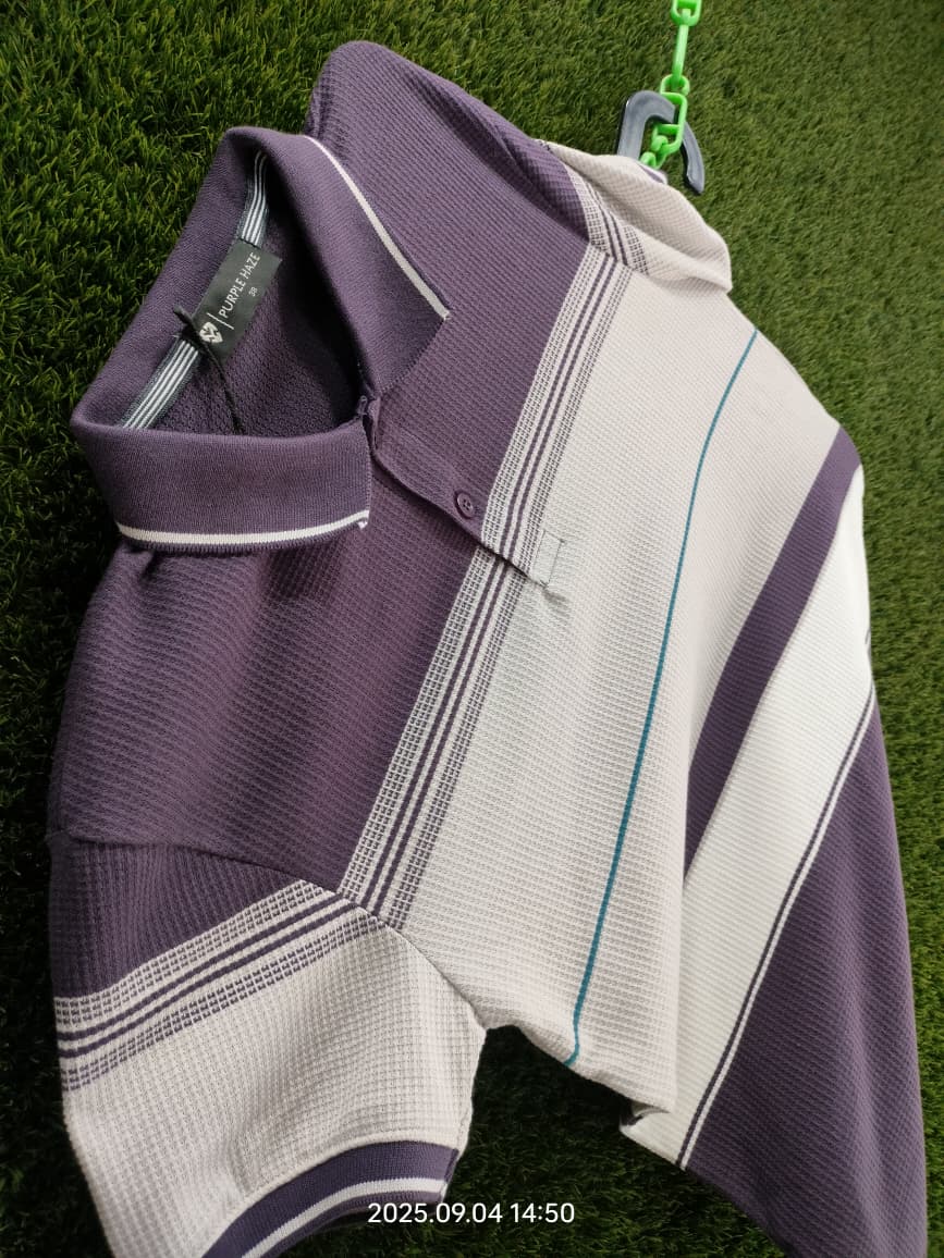 Men’s Purple Striped Polo Shirt – Casual Half Sleeve
