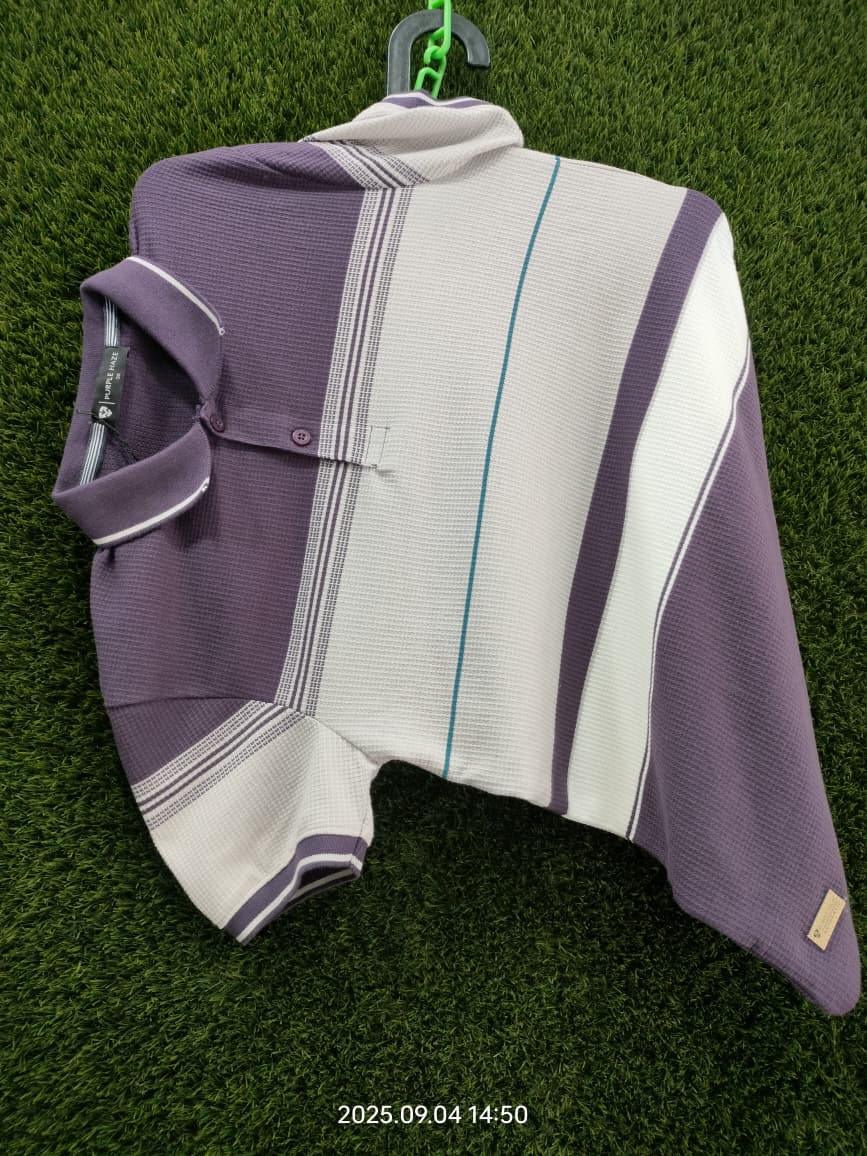 Men’s Purple Striped Polo Shirt – Casual Half Sleeve