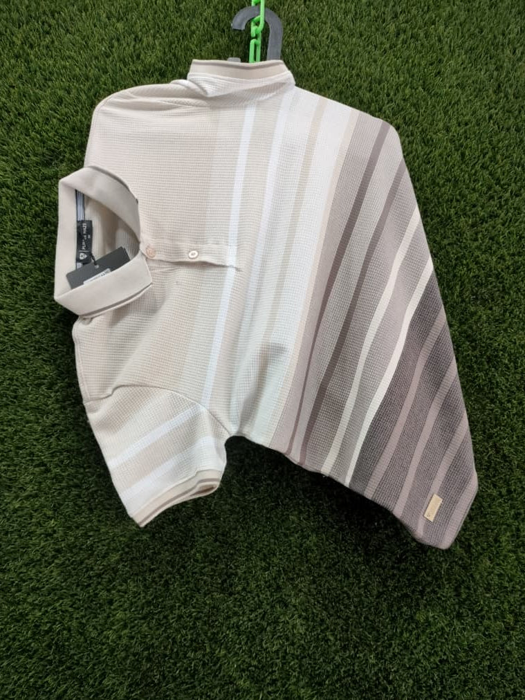 Men’s Beige Striped Polo Shirt – Casual Half Sleeve