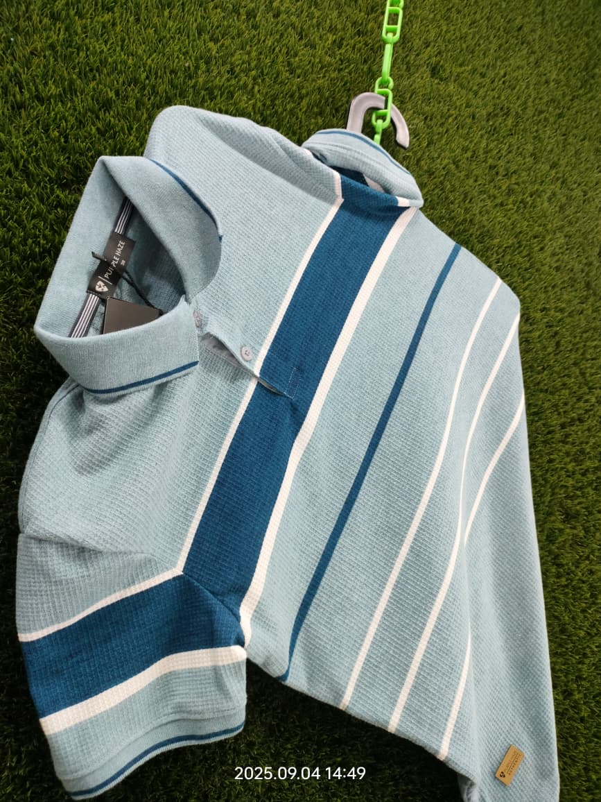 Men’s Sky Blue Striped Polo Shirt – Casual Half Sleeve