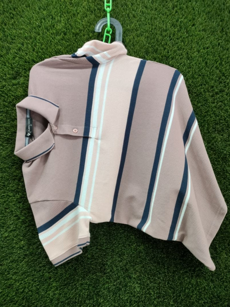 Men’s Casual Striped Polo Shirt – Beige & Navy Contrast