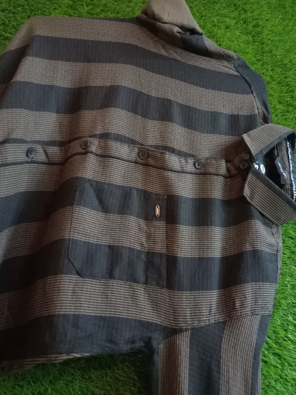Black & Brown Striped Shirt – Casual Regular Fit with Folded Sleeves