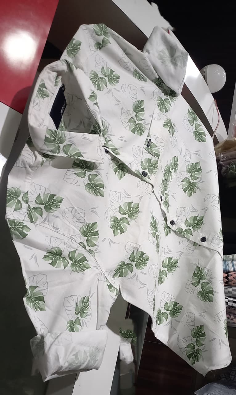 Mens wear White Imported Shirt with Green Leaf Print p1
