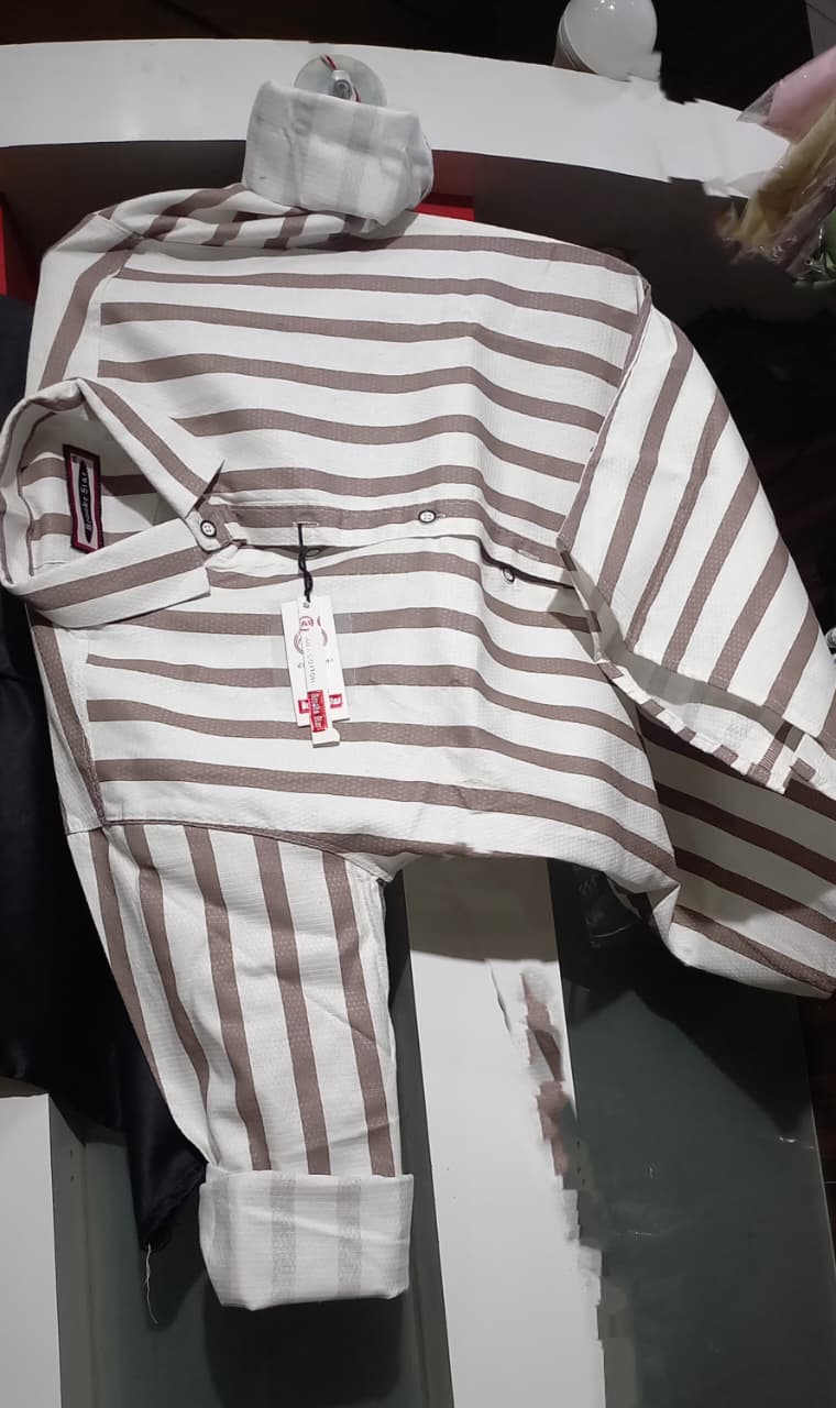 Mens wear White & Brown Striped Cotton Shirt p1