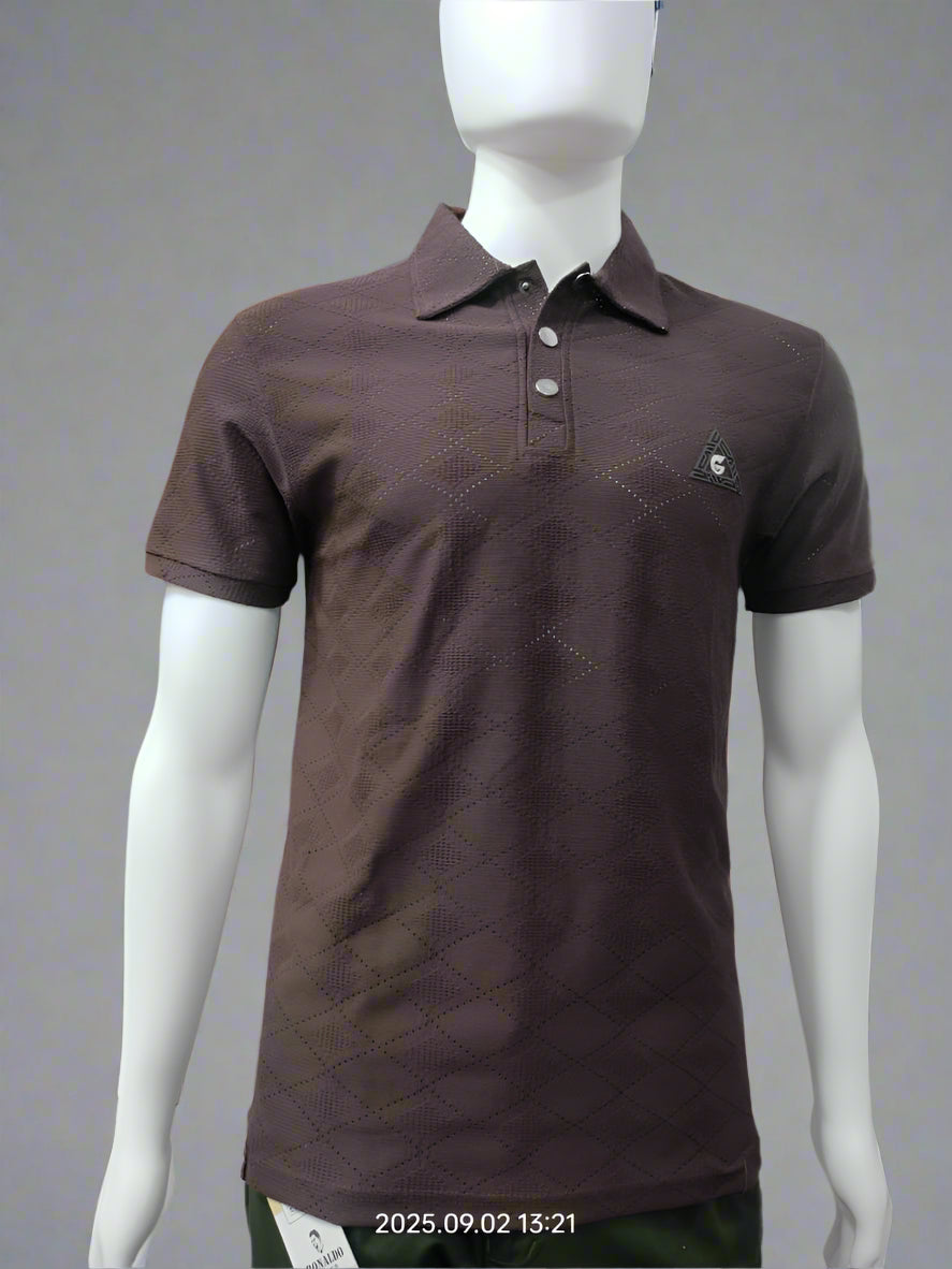 Men’s Brown Textured Polo T-Shirt with Button Placket