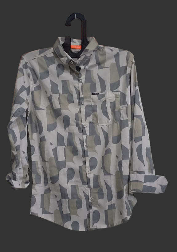 Grey Abstract Print Long Sleeve Shirt – Regular Fit Casual Wear
