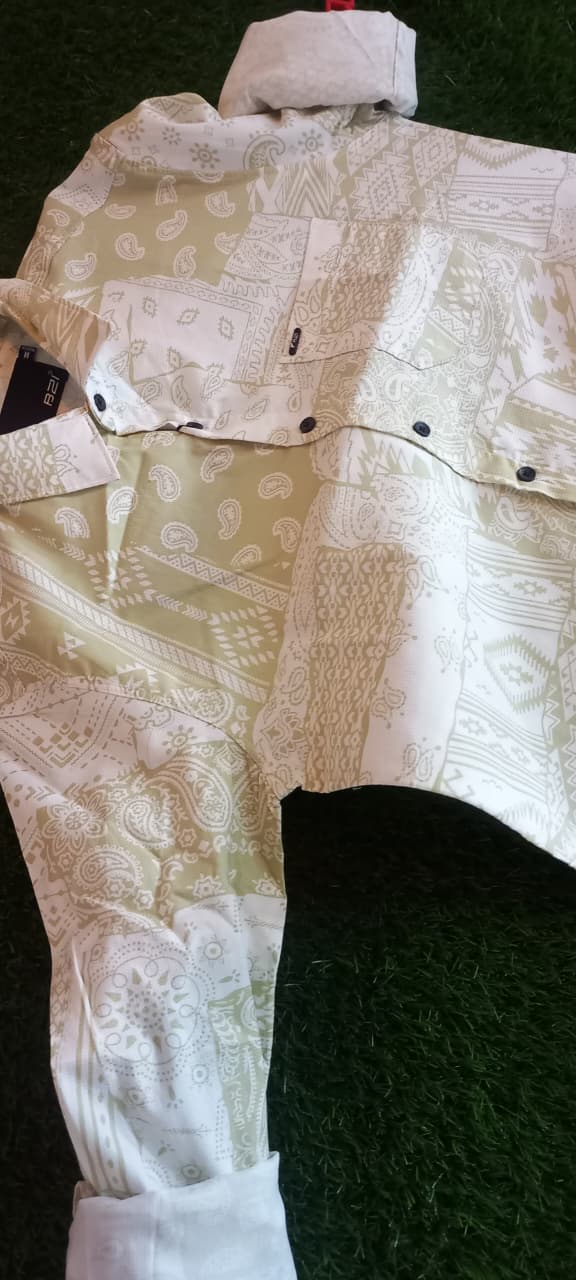 Olive Green & White Printed Shirt – Patchwork Design, Regular Fit