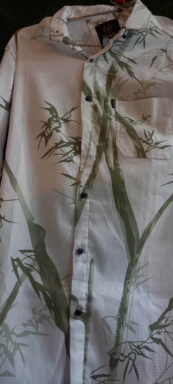 White Bamboo Print Long Sleeve Shirt – Regular Fit Casual Wear