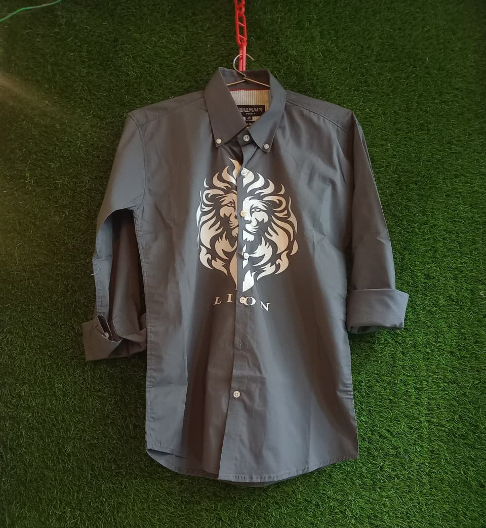 Grey Lion Print Long Sleeve Shirt – Regular Fit Statement Wear