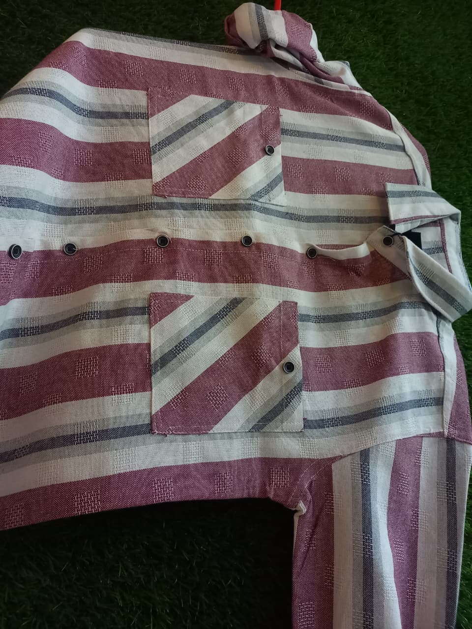 Maroon & White Striped Shirt – Casual Regular Fit with Pocket Detail