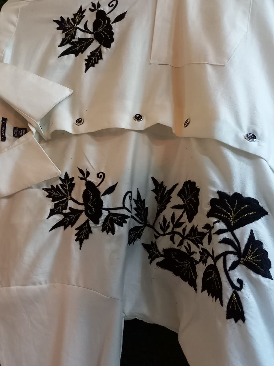 White Embroidered Shirt – Black Floral Back Design, Regular Fit