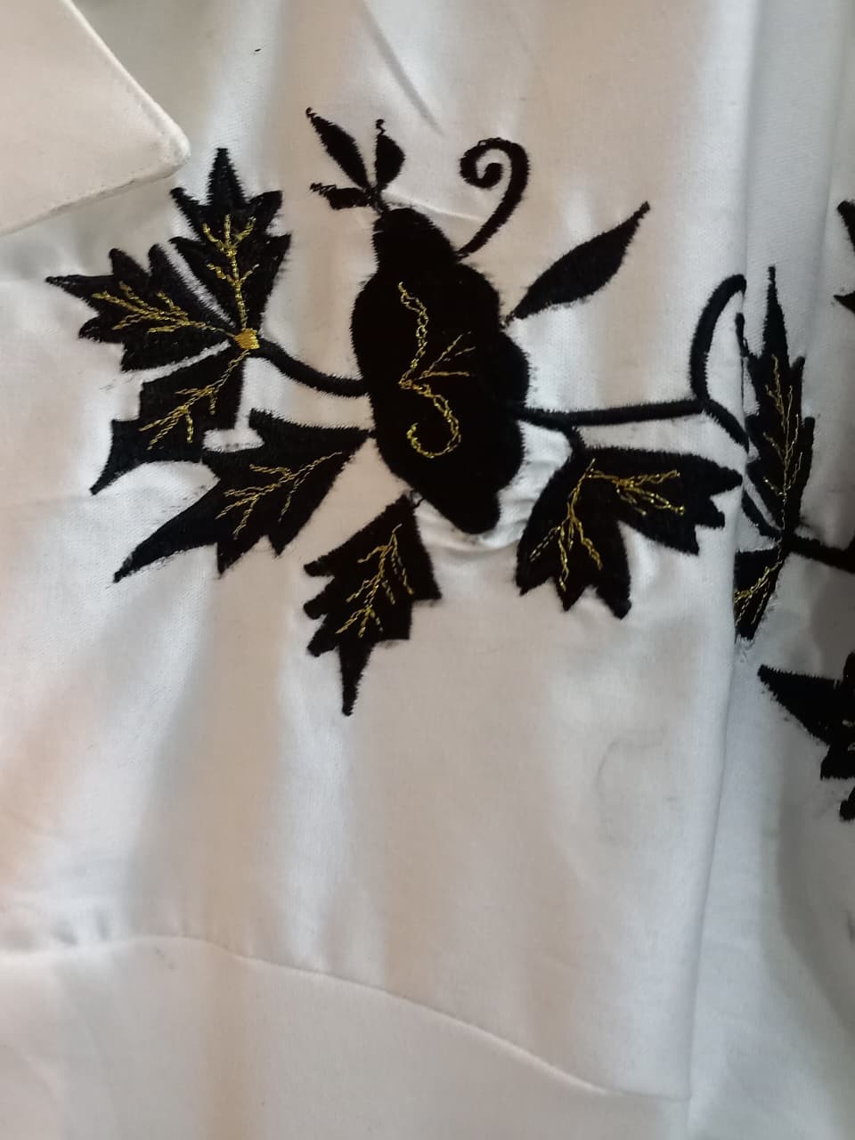 White Embroidered Shirt – Black Floral Back Design, Regular Fit