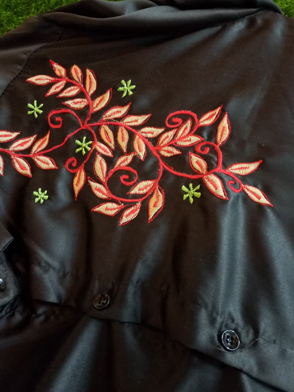Black Embroidered Shirt – Floral Back Design, Regular Fit