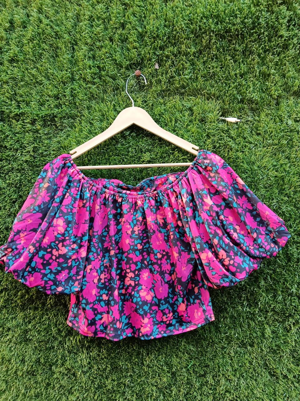 Floral Off-Shoulder Puff-Sleeve Crop Top – Multicolor for Girls