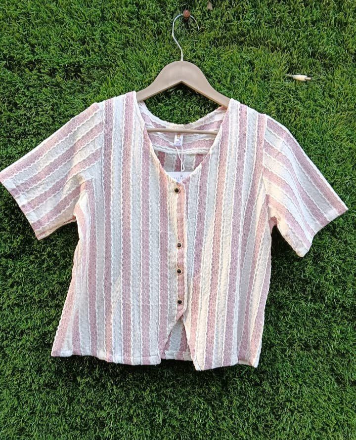 Striped Button-Down Short-Sleeve Top – Pink & White for Girls