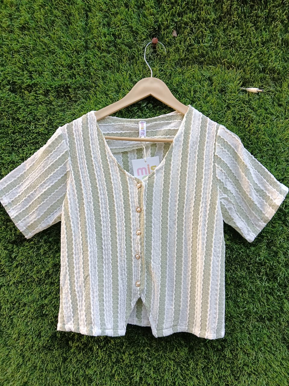 Striped Button-Down Short-Sleeve Top – Green & White for Girls
