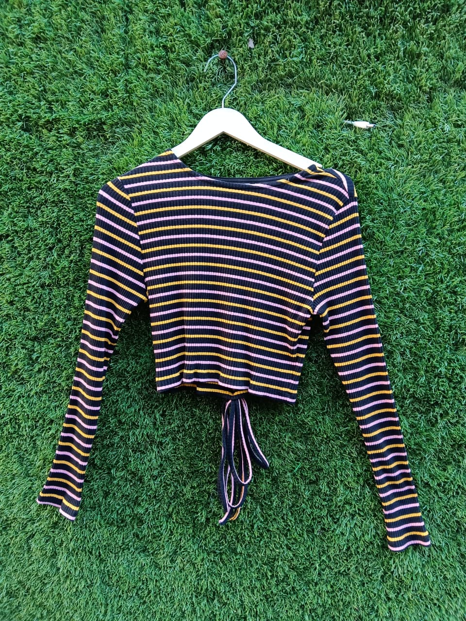 Striped Ribbed Long-Sleeve Crop Top – Multicolor for Girls
