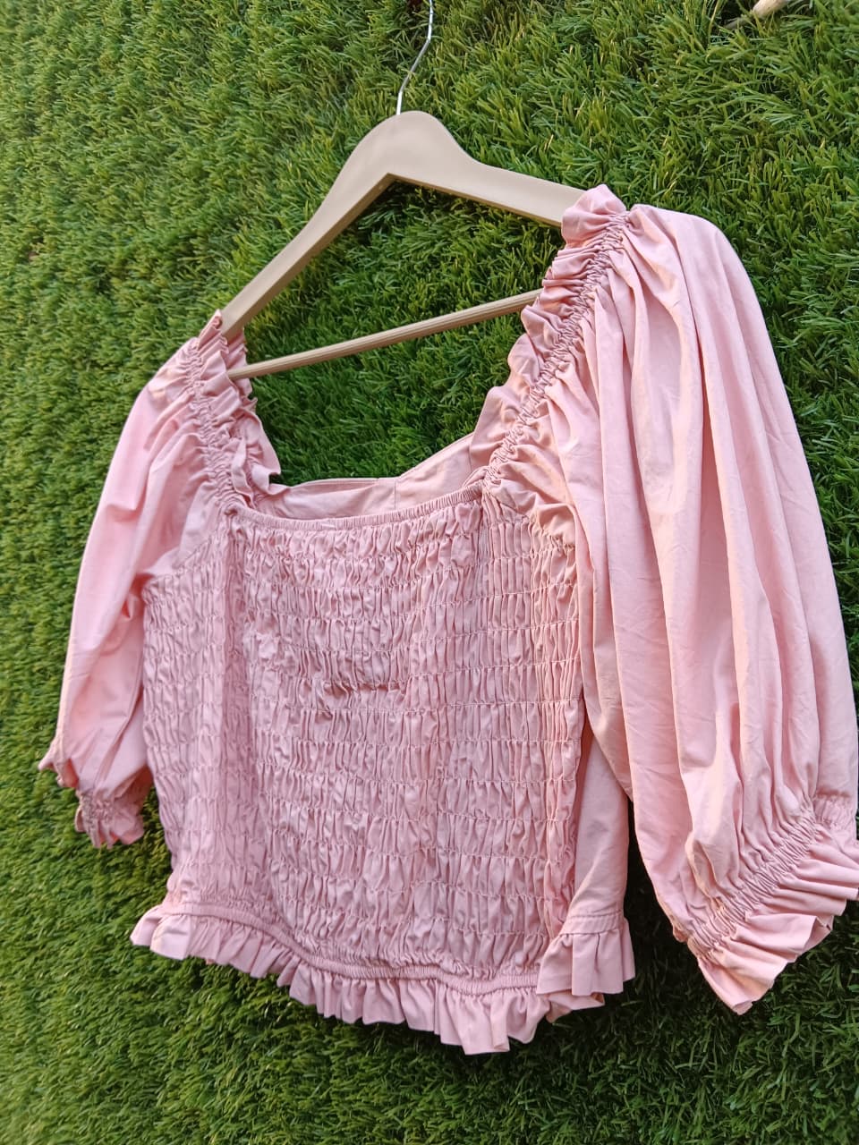 Smocked Puff-Sleeve Crop Top – Baby Pink for Girls