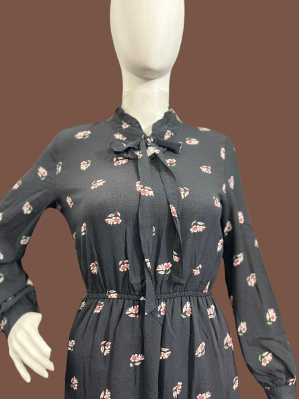 Girls wear one piece Black Floral Tie-Neck Midi Dress – Elegant & Versatile Style
