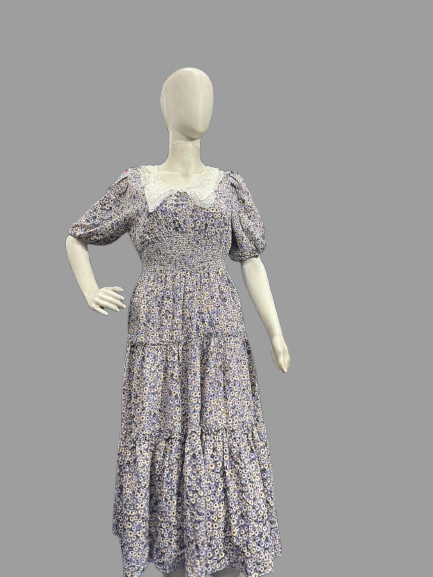 Girls wear one piece Lavender Floral Maxi Dress with Lace Collar – Vintage & Elegant Style