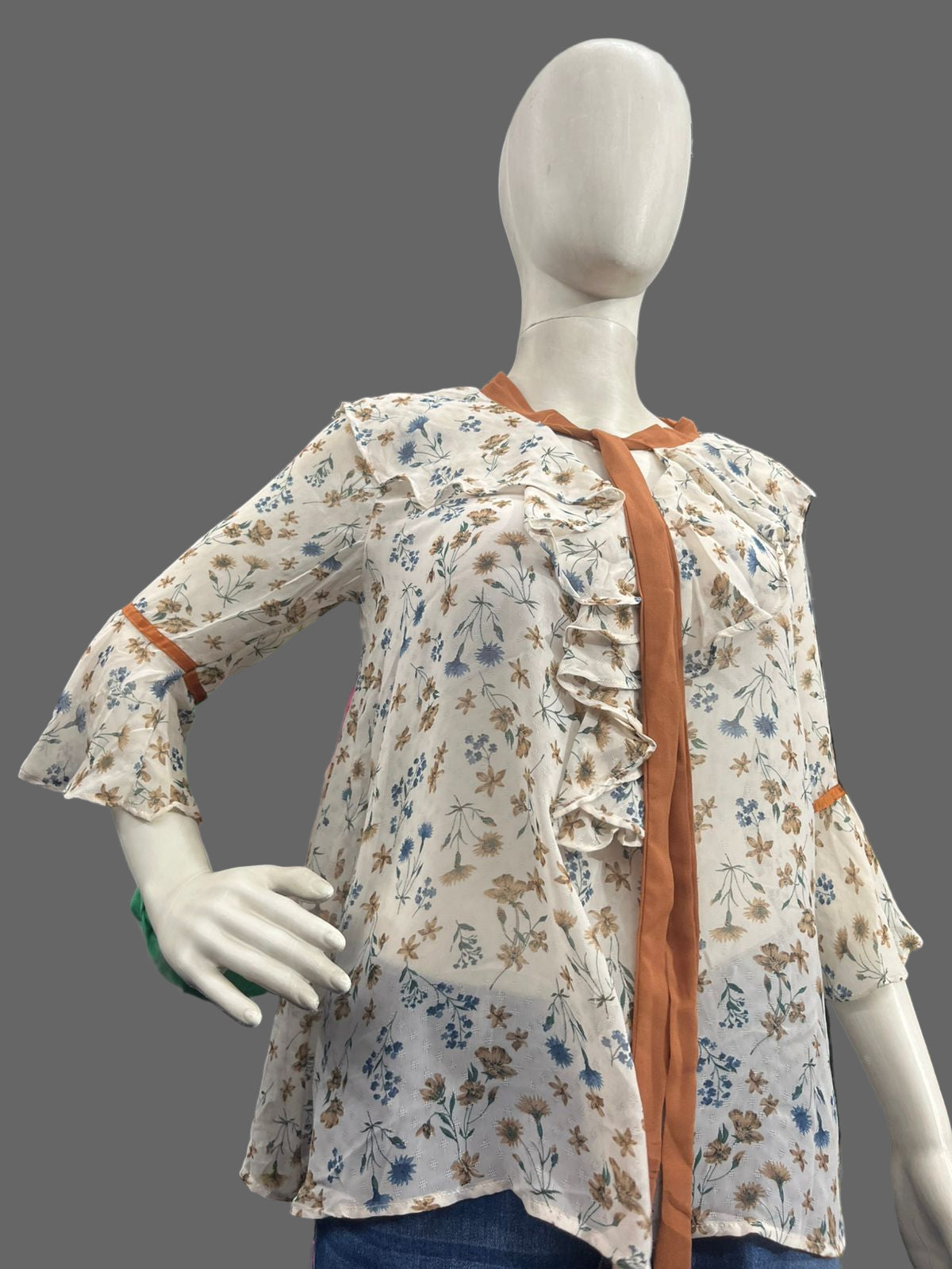 Girls wear Floral Ruffle Tie-Neck Blouse – Elegant & Feminine Everyday Wear