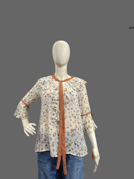 Girls wear Floral Ruffle Tie-Neck Blouse – Elegant & Feminine Everyday Wear