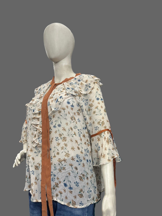 Girls wear Floral Ruffle Tie-Neck Blouse – Elegant & Feminine Everyday Wear
