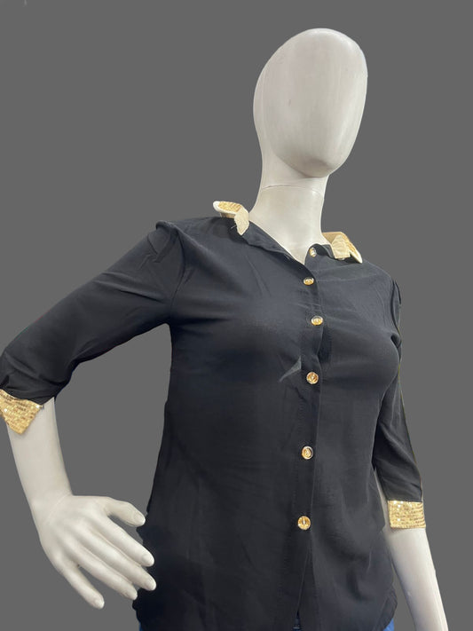 Girls wear Black Button-Down Shirt with Gold Accents – Elegant & Chic Style