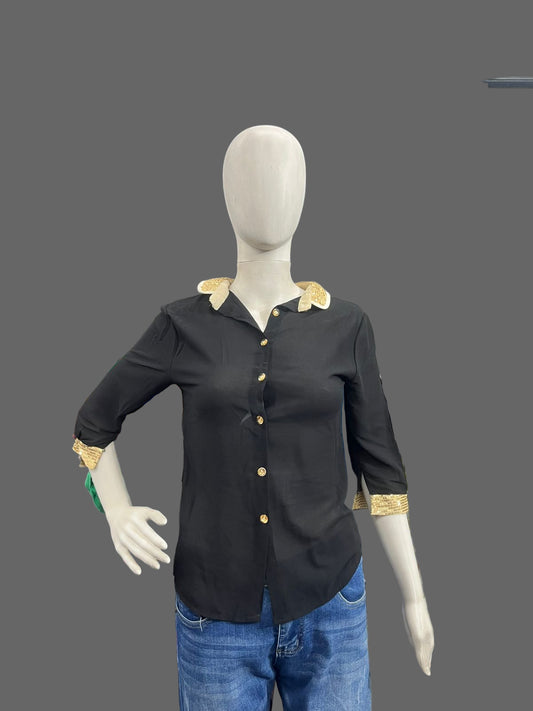 Girls wear Black Button-Down Shirt with Gold Accents – Elegant & Chic Style