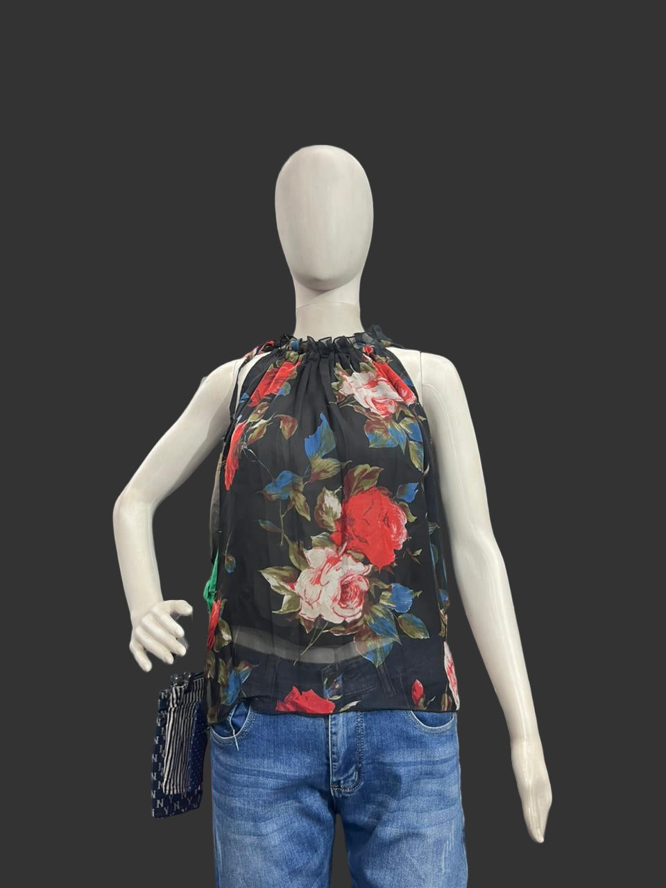 Girls wear Top Black Bold Floral Halter-Neck Top – Modern & Elegant Style