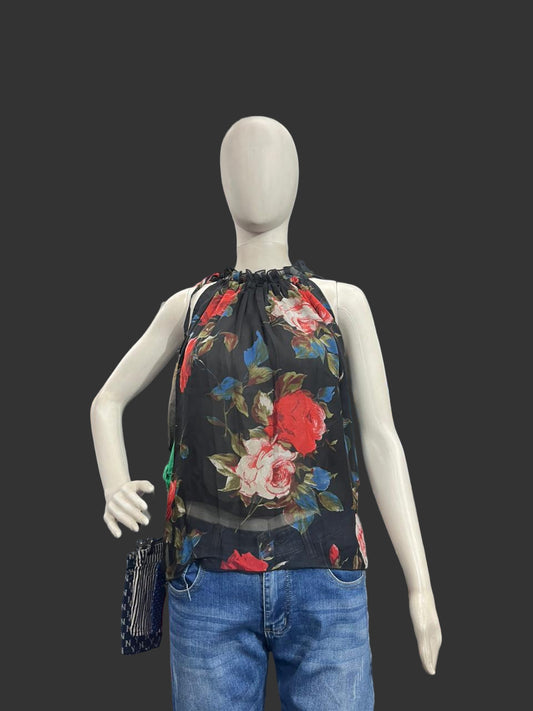 Girls wear Top Black Bold Floral Halter-Neck Top – Modern & Elegant Style