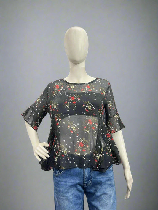 Girls wear Top Black Floral Sheer Blouse – Elegant & Trendy Layered Style