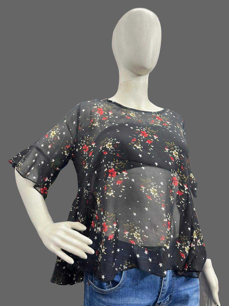 Girls wear Top Black Floral Sheer Blouse – Elegant & Trendy Layered Style