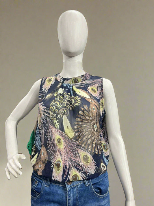 Girls wear TOP Peacock Feather Print Sleeveless Top – Bold & Stylish Casual Wear