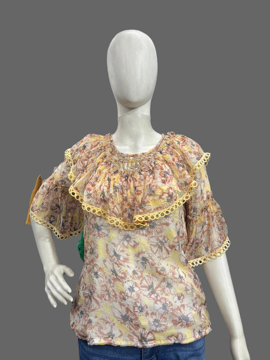 Girls wear Top Floral Ruffle Blouse with Yellow Lace Trim – Chic & Playful Style