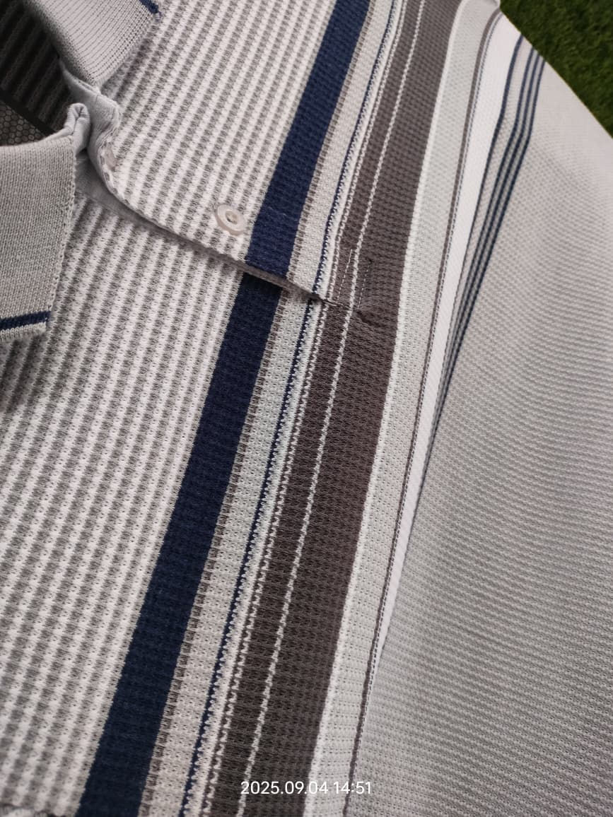 Men’s Casual Striped Polo Shirt – Beige & Navy Contrast