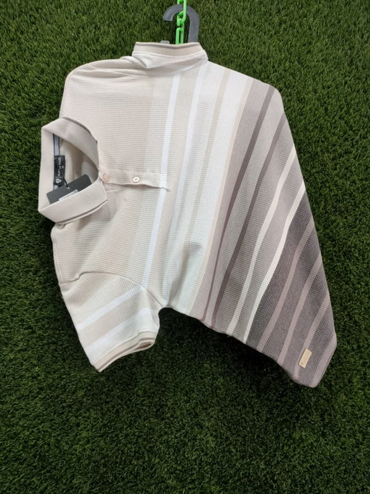 Men’s Beige Striped Polo Shirt – Casual Half Sleeve