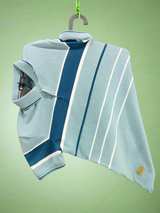 Men’s Sky Blue Striped Polo Shirt – Casual Half Sleeve